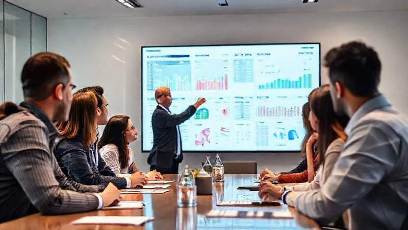 photorealistic, professional photography, 8K, cinematic lighting, sharp focus, depth of field, shot on a high-end DSLR, a diverse group of finance professionals gathered around a large screen displaying financial dashboards, with a senior mentor figure pointing to a specific data point and explaining it, conveying active learning, collaboration, and expert guidance in a modern, well-lit conference room.