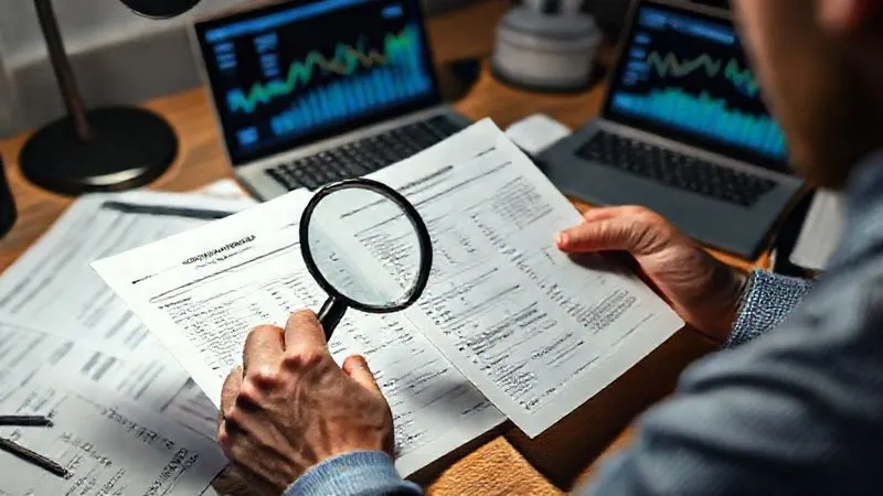 A photorealistic image of a person meticulously reviewing three printed credit reports side-by-side, using a magnifying glass and highlighters. The desk is organized with financial documents and a laptop showing credit score graphs in the background. Cinematic lighting, sharp focus on the reports, depth of field, 8K hyper-detailed.