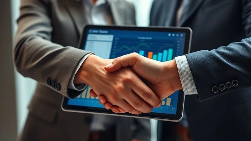 photorealistic, professional photography, 8K, cinematic lighting, sharp focus, depth of field, shot on a high-end DSLR, a financial advisor and a client reviewing a digital credit dashboard on a tablet, with a handshake implied in the foreground, conveying trust and future planning.