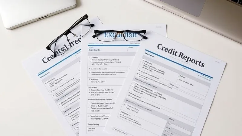 A photorealistic image of three credit reports from Experian, Equifax, and TransUnion, neatly laid out side-by-side on a clean desk, with a pair of reading glasses resting on top.