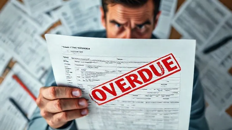 A photorealistic, professional photography, 8K, cinematic lighting, sharp focus, depth of field, shot on a high-end DSLR of a person looking stressed while holding a tax form with a red 'OVERDUE' stamp, surrounded by scattered financial documents, conveying a sense of urgency and concern.