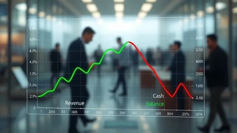 A photorealistic 3D visualization showing two distinct financial graphs on a transparent overlay: one graph with an upward-trending green line labeled 'Revenue' and another graph with a downward-trending red line labeled 'Cash Balance', creating a stark visual contrast. In the background, a blurred but bustling business environment. Cinematic lighting, sharp focus on the graphs, depth of field, 8K hyper-detailed, professional photography.