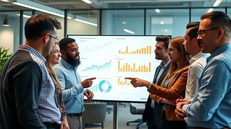 A photorealistic image of a diverse team of professionals in a modern, collaborative workspace, gathered around a large digital display showing simplified, easily understandable cash flow metrics and charts. They are engaged in a discussion, pointing to figures, and showing expressions of understanding and shared purpose. Cinematic lighting, sharp focus on the team and screen, depth of field, 8K hyper-detailed, professional photography.