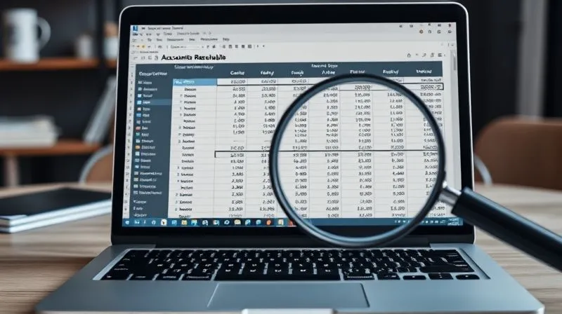 A photorealistic image of an aging accounts receivable report spreadsheet on a laptop screen, with a magnifying glass hovering over overdue entries, reflecting a worried but focused business owner in the background. Professional photography, 8K, cinematic lighting, sharp focus on the report, depth of field, shot on a high-end DSLR.