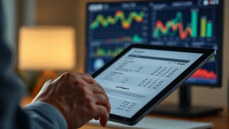 photorealistic, professional photography, 8K, cinematic lighting, sharp focus, depth of field, shot on a high-end DSLR, a person's hand meticulously reviewing a detailed business credit report displayed on a tablet, with financial charts and graphs visible in the background on a blurred monitor, conveying analysis and concern.