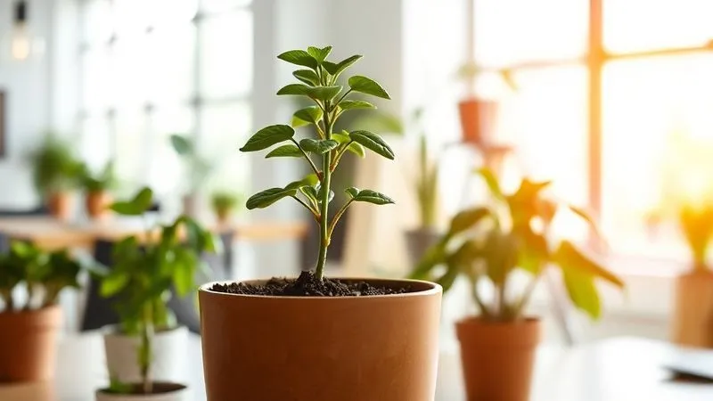 photorealistic, professional photography, 8K, cinematic lighting, sharp focus, depth of field, shot on a high-end DSLR, a hand carefully placing a small, thriving plant into a larger pot, surrounded by other healthy plants, symbolizing growth, nurturing, and building a strong foundation. The setting is a bright, modern office with natural light.