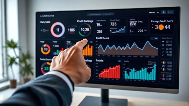 photorealistic, professional photography, 8K, cinematic lighting, sharp focus, depth of field, shot on a high-end DSLR, a person's hand pointing at a complex digital dashboard displaying various business credit metrics, graphs, and a prominent 'Credit Score Trend' chart on a sleek monitor. The background is a modern, minimalist office.