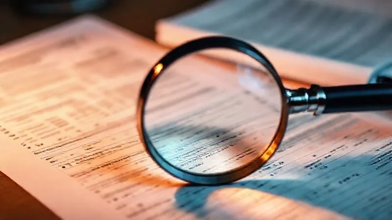 A photorealistic image of a magnifying glass hovering over complex tax forms, highlighting discrepancies, with a background of blurred financial documents, dramatic lighting, sharp focus on the magnifying glass, depth of field, 8K, shot on a high-end DSLR.