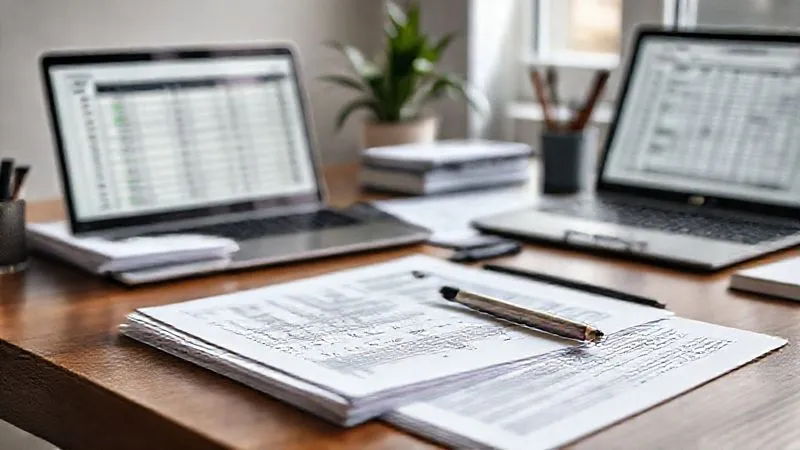 A photorealistic image of a well-organized desk with neatly stacked business documents, a laptop displaying a spreadsheet, and a pen, emphasizing meticulous preparation, soft natural light, sharp focus on the documents, depth of field, 8K, shot on a high-end DSLR.