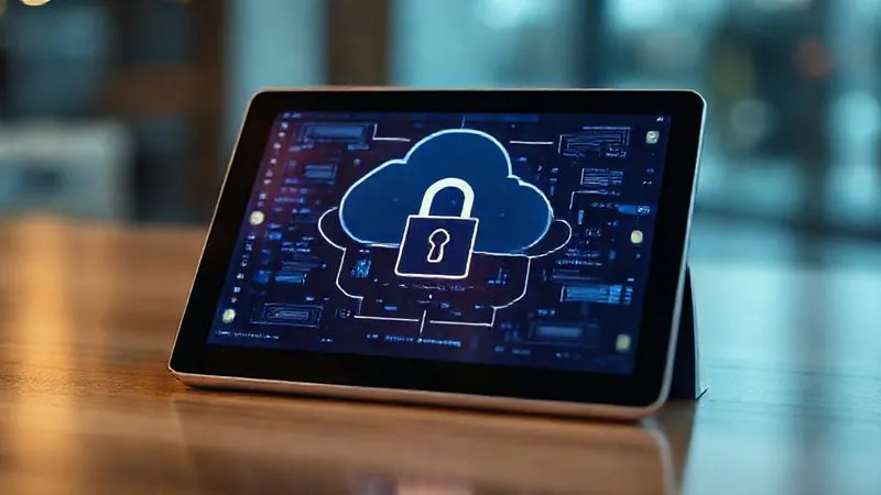 A photorealistic image of a secure digital archive or cloud storage interface on a tablet, symbolizing robust record-keeping for businesses, with a padlock icon, modern and clean aesthetic, cinematic lighting, sharp focus on the tablet screen, depth of field, 8K, shot on a high-end DSLR.