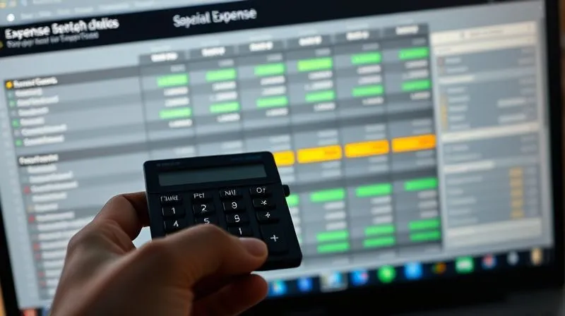 A photorealistic close-up of a meticulously organized financial spreadsheet on a computer screen, with various expense categories clearly defined and highlighted, a hand holding a calculator in the foreground, cinematic lighting, sharp focus on the screen, depth of field. Professional photography, 8K, shot on a high-end DSLR.