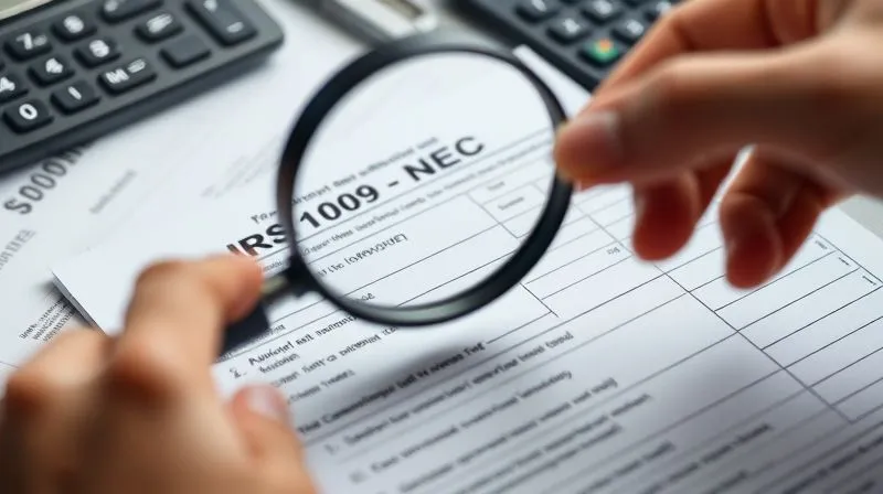 A close-up, photorealistic shot of an IRS Form 1099-NEC, with a person's hand holding a magnifying glass over a specific box, highlighting the meticulous detail required for tax forms. The background shows blurred tax documents and a calculator, all under soft, professional studio lighting. 8K, sharp focus, depth of field.