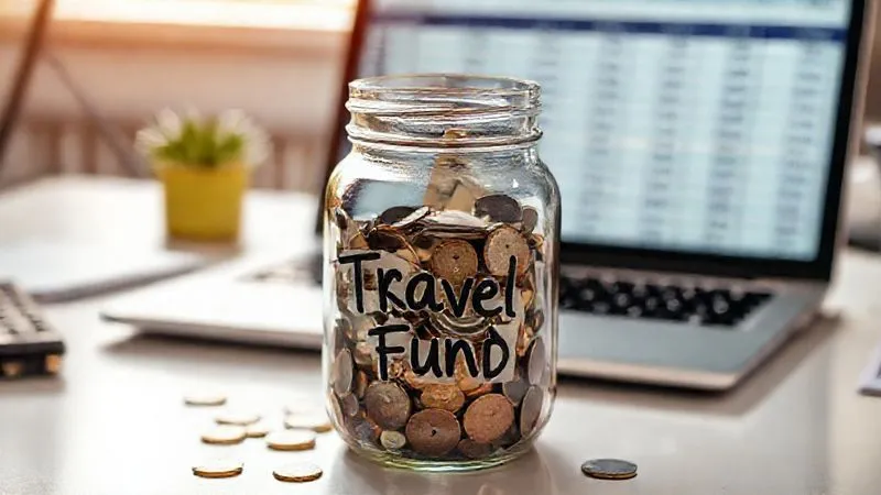 A photorealistic, professional photography, 8K, cinematic lighting, sharp focus, depth of field, shot on a high-end DSLR of a clear glass jar labeled 'Travel Fund' filling up with coins and banknotes, sitting on a desk with a laptop displaying a budget spreadsheet in the background. The scene suggests diligent saving and financial planning.
