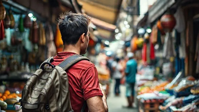 A photorealistic, professional photography, 8K, cinematic lighting, sharp focus, depth of field, shot on a high-end DSLR of a solo traveler with a backpack exploring a bustling, colorful street market in Southeast Asia, interacting with a local vendor. The scene conveys authentic, budget-friendly travel experiences.
