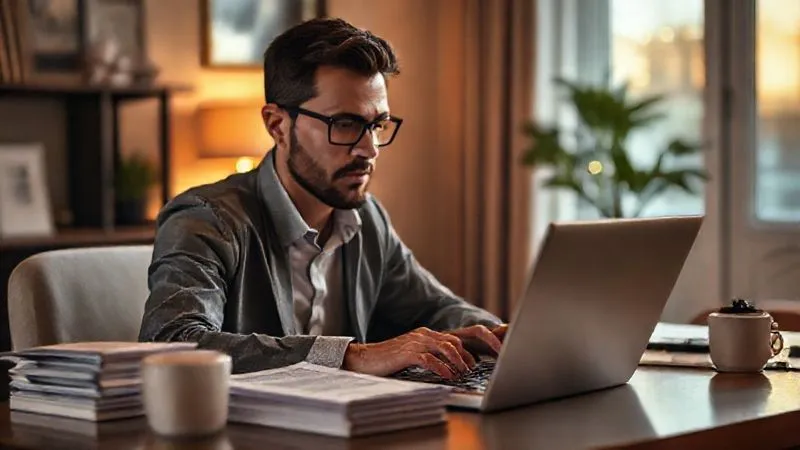 A photorealistic image of a focused professional, possibly a consultant or freelancer, working intently on a laptop at a stylish home office desk late in the evening. There's a subtle glow from the screen on their face, surrounded by a stack of financial documents and a cup of coffee. Cinematic lighting, sharp focus on the individual, depth of field blurring the background. 8K hyper-detailed, professional photography, shot on a high-end DSLR.