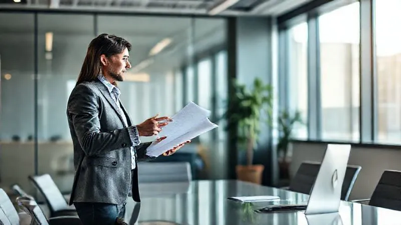 A photorealistic image of two professionals in a modern, sleek office, one (the employee) confidently presenting a proposal or pitch to the other (the manager/executive) in a well-lit meeting room. Their body language suggests a focused and respectful negotiation. Cinematic lighting, sharp focus on the individuals, depth of field blurring the background. 8K hyper-detailed, professional photography, shot on a high-end DSLR.
