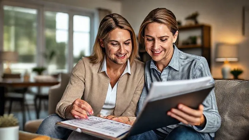 A photorealistic image of a professional couple calmly reviewing a financial spreadsheet on a tablet, with a serene home background, representing proactive financial planning and security against unexpected events. Cinematic lighting, sharp focus, depth of field, 8K hyper-detailed.