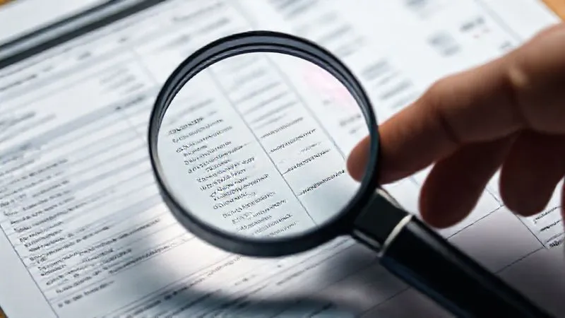 A photorealistic image of a magnifying glass hovering over a dense, complex medical bill, highlighting specific line items, with a professional's hand pointing to a detail, conveying the act of scrutinizing and understanding intricate documentation. Cinematic lighting, sharp focus, depth of field, 8K hyper-detailed.