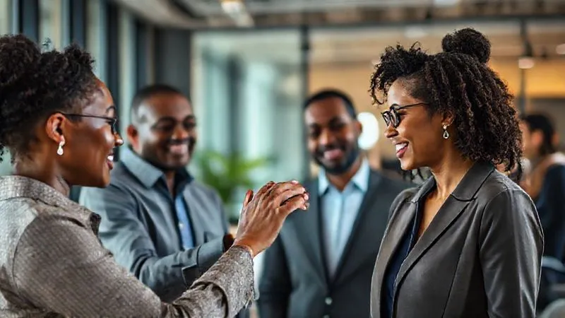 A photorealistic image of diverse professionals collaborating in a modern, well-lit office, with one person gently placing a hand on another's shoulder, symbolizing support and community within a professional network. Cinematic lighting, sharp focus, depth of field, 8K hyper-detailed.