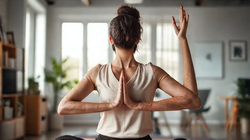 A photorealistic image of a professional person doing a calming yoga pose in a bright, modern home office, symbolizing proactive self-care and mental well-being for long-term resilience. Cinematic lighting, sharp focus, depth of field, 8K hyper-detailed.