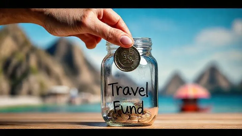 A photorealistic image of a hand placing a coin into a clear glass jar labeled 'Travel Fund', with a blurred background of travel destinations like mountains or beaches. Cinematic lighting, sharp focus on the hand and jar, depth of field. 8K, professional photography.