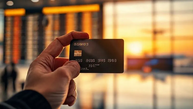 A photorealistic close-up of a hand holding a premium travel credit card, with a blurred background showing an airport departure board and a distant airplane. The card has subtle reflections of light, cinematic lighting, sharp focus on the card, depth of field. 8K, professional photography.