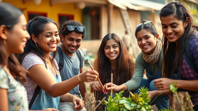 A photorealistic image of a diverse group of young travelers engaged in a community project in a vibrant, non-Western setting, like painting a school or gardening. They are smiling, with a sense of purpose and connection. Cinematic lighting, sharp focus on the interaction, depth of field blurring the background. 8K, professional photography.