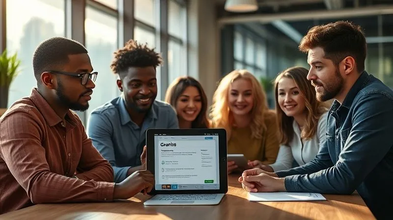 A photorealistic image of a diverse group of entrepreneurs collaborating around a table, looking at a tablet displaying a grant application form. Sunlight streams through a window, illuminating their focused faces. Professional photography, 8K, cinematic lighting, sharp focus on the team and tablet, depth of field blurring the modern office background, shot on a high-end DSLR.