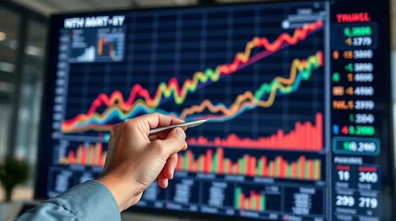 A photorealistic image of a complex financial projection chart on a large monitor, displaying multiple colored lines representing different growth scenarios. A hand holds a pen, pointing at a critical data point. Professional photography, 8K, cinematic lighting, sharp focus on the chart, depth of field blurring a modern office background, shot on a high-end DSLR.