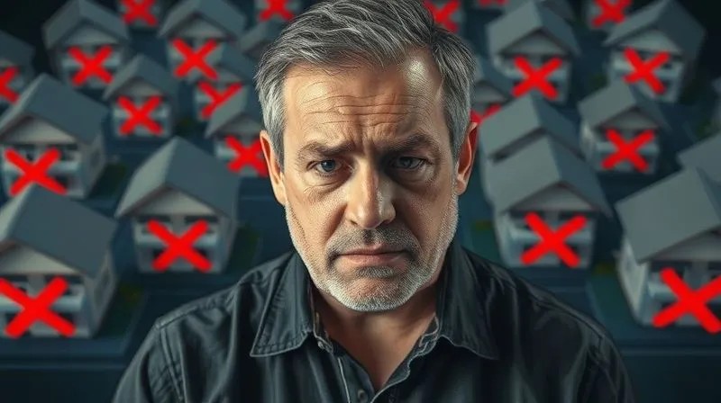 A photorealistic image of a landlord looking stressed, surrounded by digital representations of multiple rental properties with red 'X' marks over damaged areas, symbolizing urgent and unexpected repairs. 8K, cinematic lighting, sharp focus on the landlord's face, depth of field, shot on a high-end DSLR.