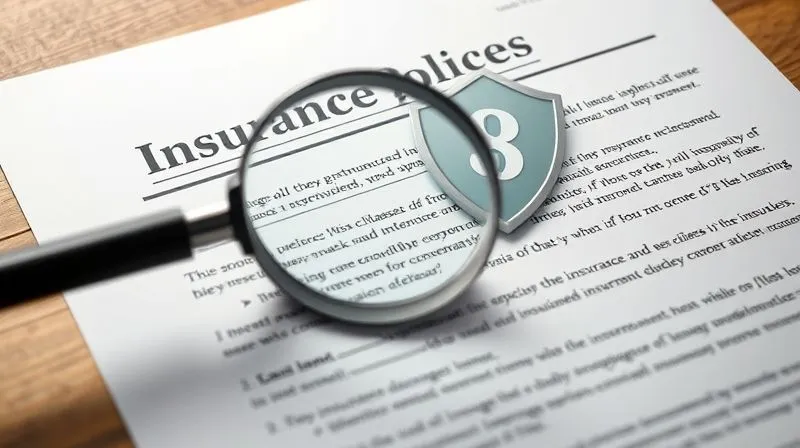 A photorealistic image of a detailed insurance policy document with a magnifying glass over key clauses, overlaid with a subtle, protective shield graphic. Professional photography, 8K, cinematic lighting, sharp focus, depth of field, shot on a high-end DSLR.