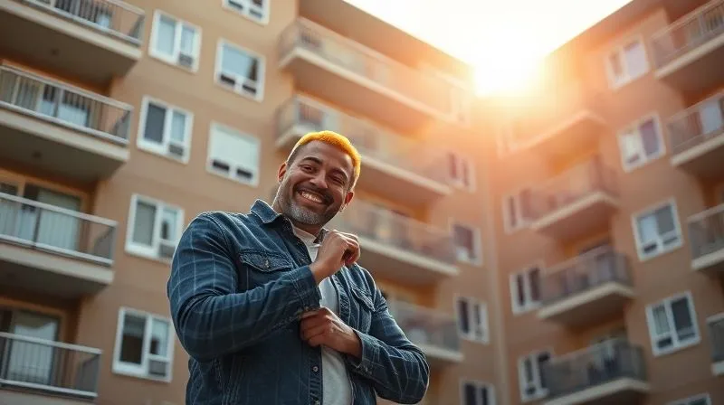 A photorealistic image of a well-maintained, modern multi-unit apartment building bathed in warm sunlight, with a confident, smiling landlord inspecting a small, easily fixed element, symbolizing proactive management and financial peace. 8K, cinematic lighting, sharp focus, depth of field, shot on a high-end DSLR.