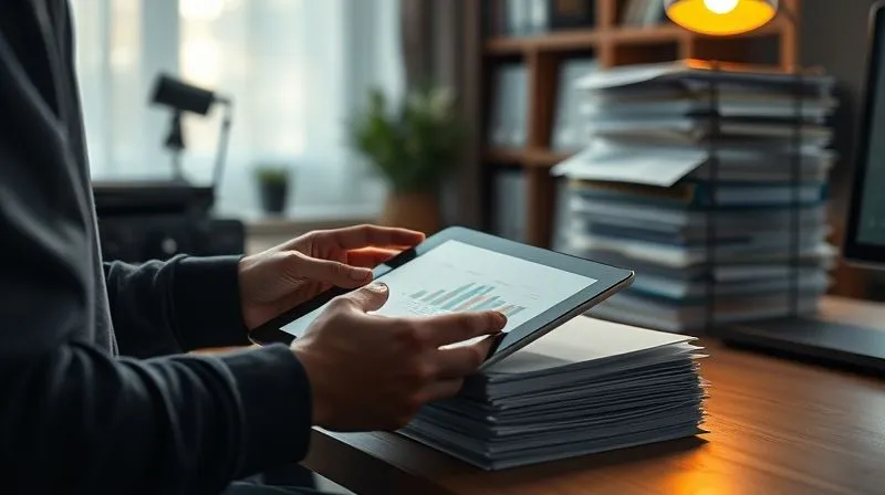 photorealistic, professional photography, 8K, cinematic lighting, sharp focus, depth of field, shot on a high-end DSLR. A self-employed individual meticulously organizing digital financial documents on a tablet, surrounded by a calm, well-lit home office. A stack of neatly organized files is visible in the background, symbolizing financial order and stability.