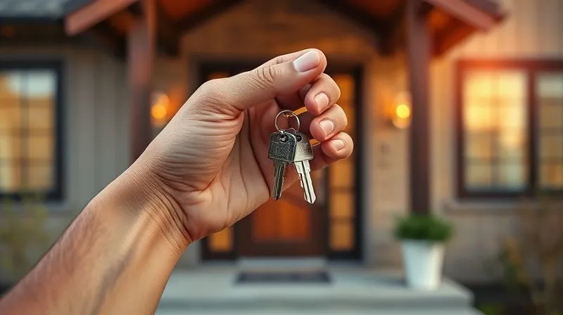photorealistic, professional photography, 8K, cinematic lighting, sharp focus, depth of field, shot on a high-end DSLR. A close-up of a hand holding a set of house keys, with a blurred but warm and inviting modern home entrance in the background, symbolizing the successful achievement of homeownership for a self-employed individual. The light is golden and hopeful, capturing a moment of triumph and security.