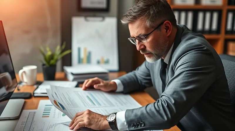 A photorealistic image of a business owner, looking stressed but determined, meticulously reviewing financial documents on a desk, surrounded by graphs and charts, with a single hand reaching out as if grasping for a lifeline. Professional photography, 8K, cinematic lighting, sharp focus, depth of field, shot on a high-end DSLR.