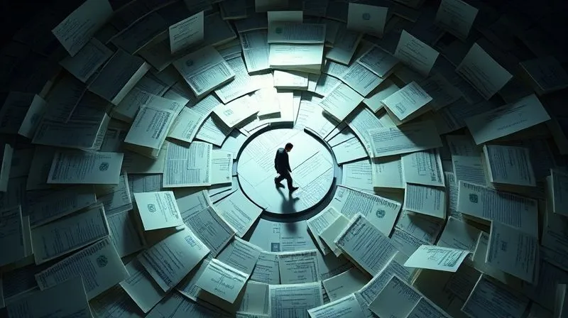 A photorealistic image of a complex, winding labyrinth made of financial documents and legal papers, with a small, determined figure navigating through it, illuminated by a single spotlight. Professional photography, 8K, cinematic lighting, sharp focus, depth of field, shot on a high-end DSLR.