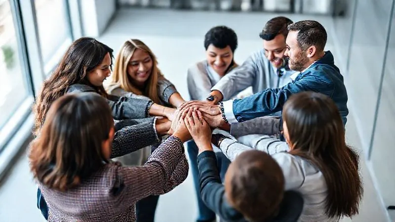 A photorealistic image of a diverse team of professionals huddling together, hands clasped in the center, symbolizing unity, support, and collective resilience. They are in a modern, well-lit office environment. Cinematic lighting, sharp focus on the hands, depth of field, 8K hyper-detailed.