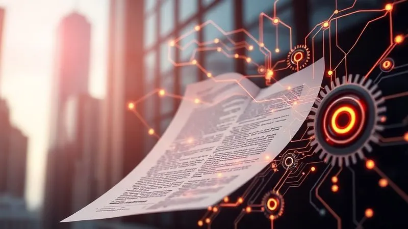 A photorealistic image of a complex legal document with glowing lines of data flowing out from it into a series of interconnected digital gears, symbolizing the intricate relationship between evolving regulations and automated systems. Professional photography, 8K, cinematic lighting, sharp focus on the gears and document, depth of field blurring a background of city skyscrapers, shot on a high-end DSLR.