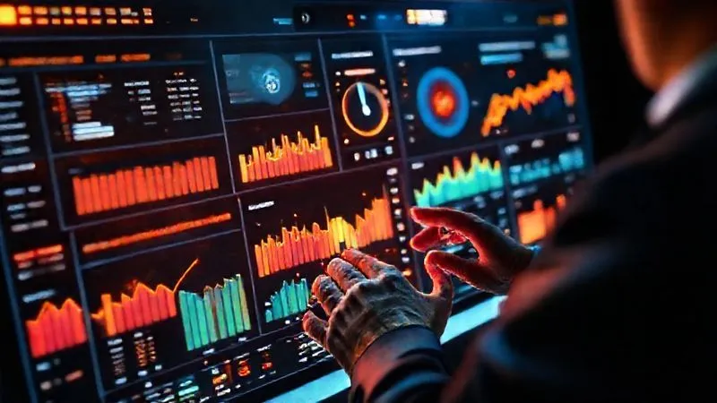 A photorealistic, high-angle shot of a sleek, futuristic RegTech dashboard displaying dynamic, interconnected data visualizations. The screen shows real-time compliance metrics, risk scores, and a heatmap of regulatory changes, all glowing with an intelligent, predictive aura. Professional photography, 8K, cinematic lighting, sharp focus on the dashboard, depth of field blurring the hands of a professional interacting with a holographic interface, shot on a high-end DSLR.