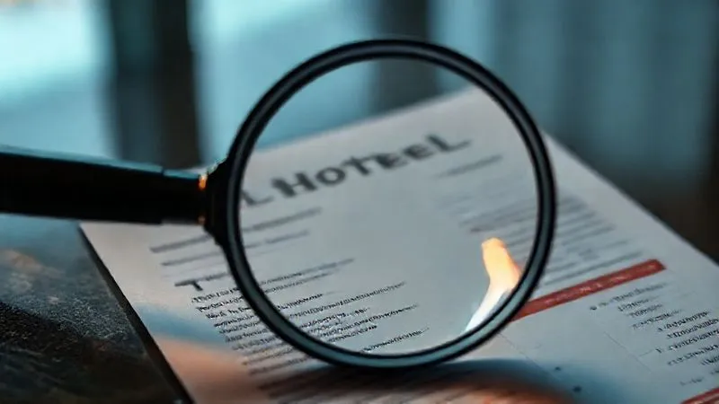 A photorealistic image of a magnifying glass hovering over a hotel bill, highlighting small text and hidden fees, with a distressed business traveler in the background. Cinematic lighting, sharp focus, 8K, depth of field, professional photography, shot on a high-end DSLR.