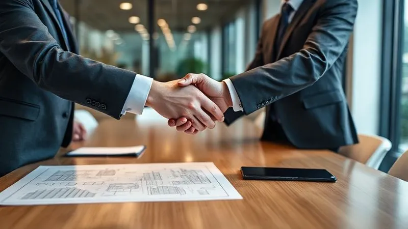 A photorealistic image of two business professionals shaking hands firmly across a conference table, with a blueprint of a building and a financial report visible. The setting is a modern, well-lit office. 8K, cinematic lighting, sharp focus on the handshake, depth of field, professional photography, shot on a high-end DSLR.