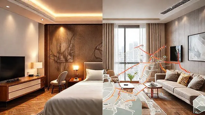 A photorealistic image showing a split scene: on one side, a luxurious but empty hotel room with a high price tag; on the other, a cozy, well-equipped serviced apartment with a lower price, and a map showing efficient public transport routes to a project site. Cinematic lighting, professional photography, 8K, sharp focus, depth of field, shot on a high-end DSLR.
