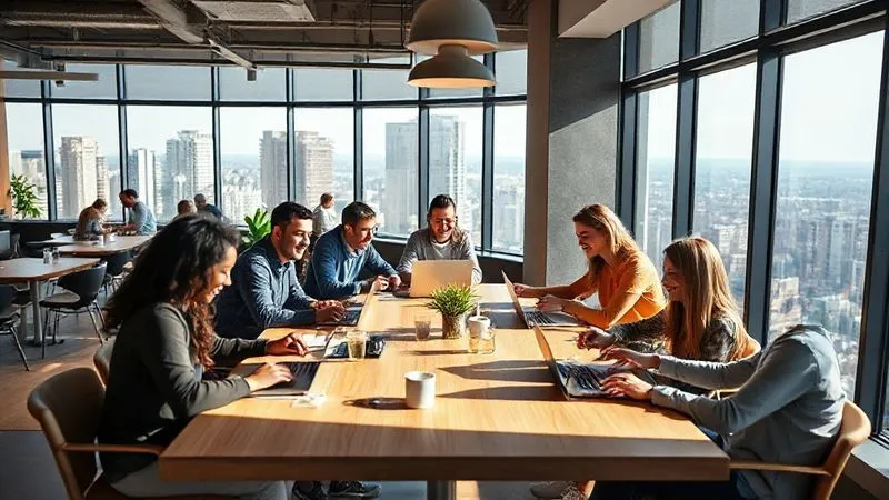 A photorealistic image of a modern co-living space common area, with diverse professionals working on laptops at a communal table, laughing, and enjoying coffee. Large windows overlook a vibrant city. Cinematic lighting, sharp focus on the people, depth of field, 8K, professional photography, shot on a high-end DSLR.