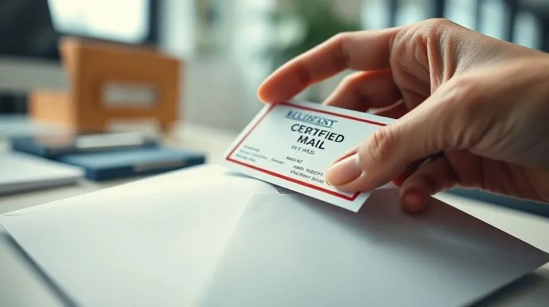 photorealistic, professional photography, 8K, cinematic lighting, sharp focus, depth of field, shot on a high-end DSLR. A close-up of a hand carefully placing a certified mail sticker onto a formal envelope addressed to a tenant, with legal documents subtly visible inside. The background is a clean, professional office setting, conveying meticulous documentation and legal process. The lighting is bright and clear, emphasizing precision.