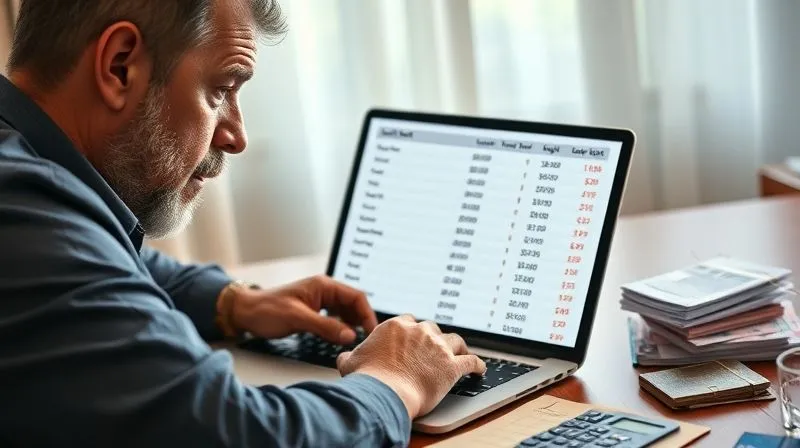 photorealistic, professional photography, 8K, cinematic lighting, sharp focus, depth of field, shot on a high-end DSLR. A landlord, looking concerned, reviews a spreadsheet on a laptop, displaying columns for 'Lost Rent', 'Legal Fees', and 'Repair Costs', with red numbers indicating financial losses. A stack of bills and a calculator are on the desk beside the laptop, conveying the financial burden and the need for careful accounting. The lighting is slightly muted, reflecting the seriousness of the situation.