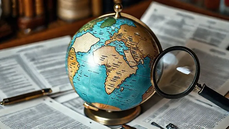 A photorealistic image of a vintage globe with different state outlines highlighted, surrounded by various legal documents and a magnifying glass, cinematic lighting, sharp focus, depth of field, 8K hyper-detailed, professional photography, shot on a high-end DSLR.