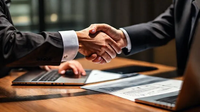 A photorealistic image of a person shaking hands with a financial advisor across a desk, with tax documents and a laptop in the foreground, symbolizing expert consultation and trust, cinematic lighting, sharp focus on the handshake, depth of field blurring the background, 8K hyper-detailed, professional photography, shot on a high-end DSLR.