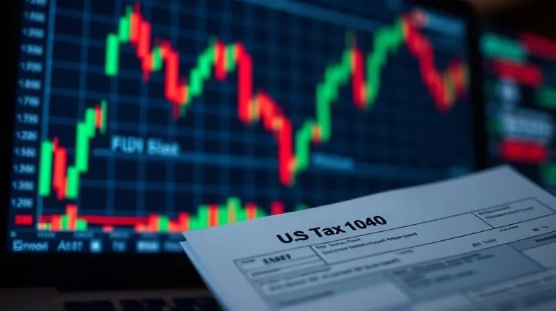 A photorealistic image of a futures trading screen with a red and green candlestick chart, overlaid with a faint image of a US tax form 1040, cinematic lighting, sharp focus on the candlestick chart, depth of field.
