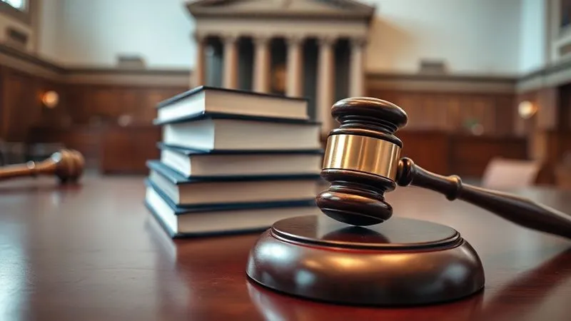 A photorealistic close-up of a stack of legal texts and a gavel on a polished wooden desk, with a blurred background of a court building. Professional photography, 8K, cinematic lighting, sharp focus on the gavel, depth of field.