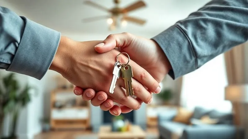 A photorealistic close-up of two hands shaking, one holding a set of house keys, over a blurred background of a newly renovated home's interior. Professional photography, 8K, cinematic lighting, sharp focus on the hands and keys, depth of field.